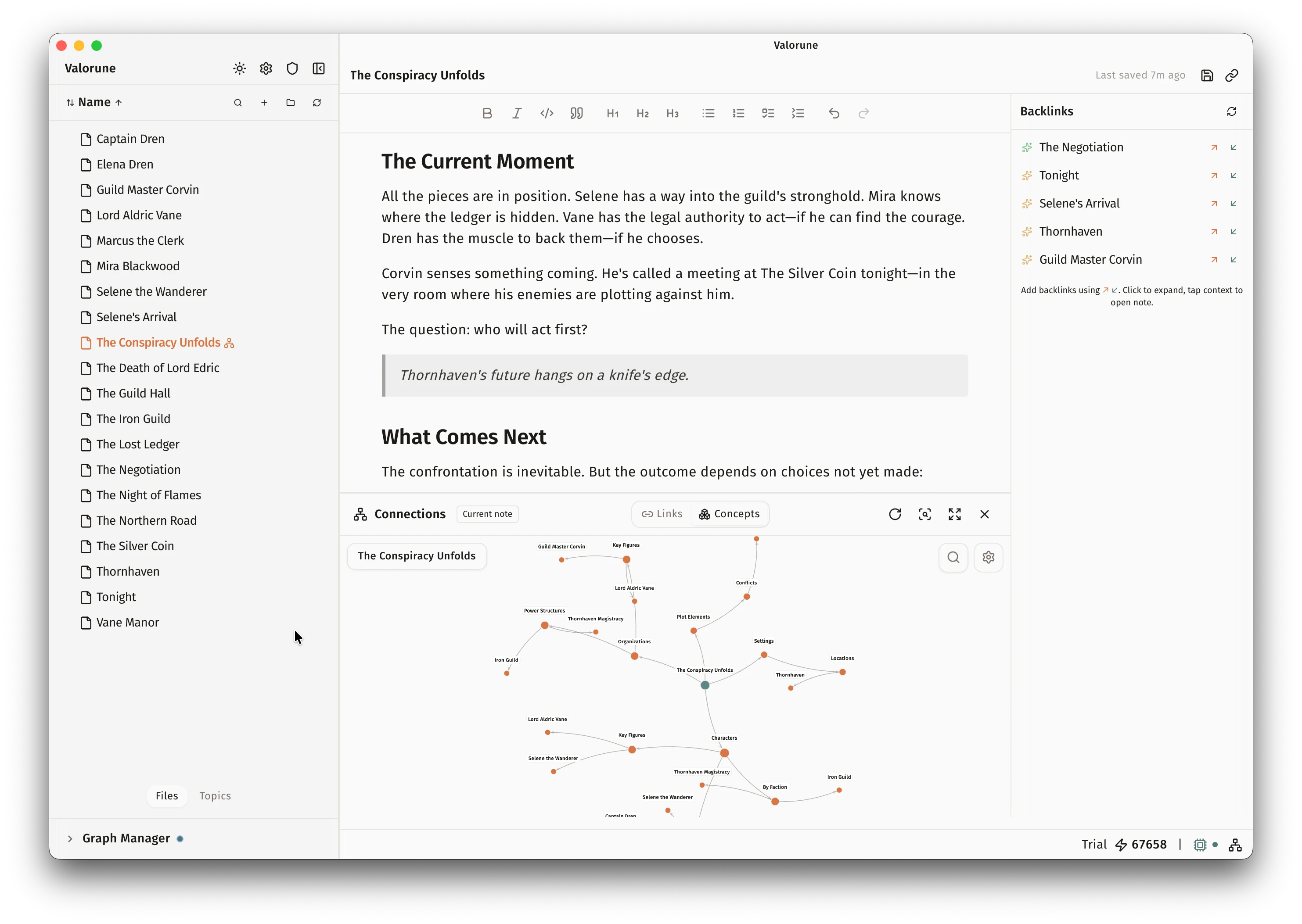 Valorune application showing the editor with backlinks panel and knowledge graph